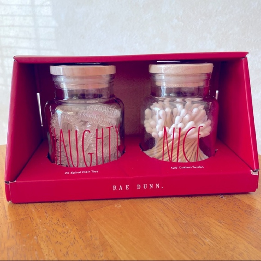 Rae Dunn NAUGHTY & NICE Spiral Hair Ties Cotton Swab Glass Jar Set NEW!